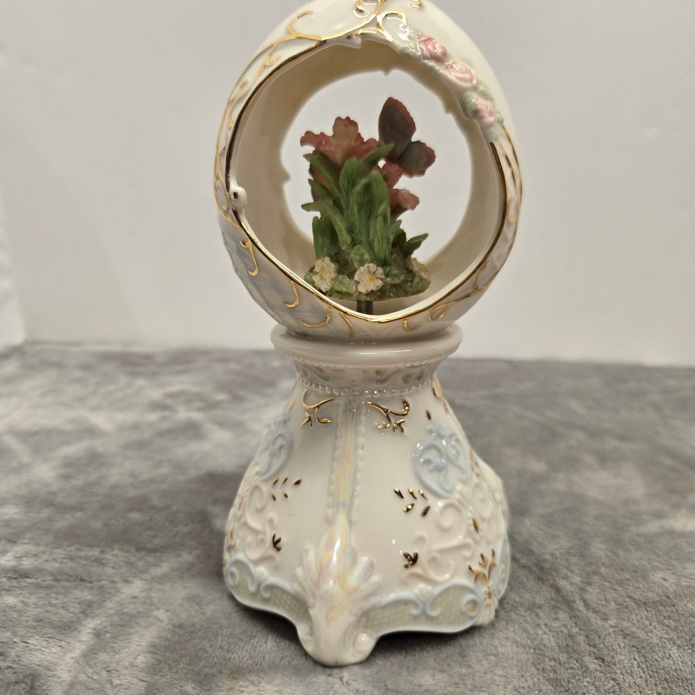 Vintage Porcelain Musical Egg Butterfly‎ Floral Rotating Figurine Gold Accents